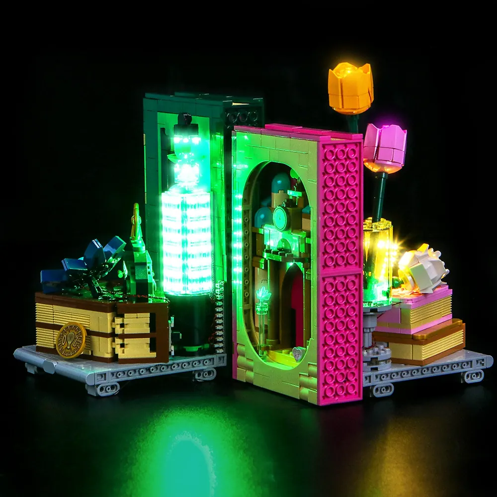 LEGO Wicked Bookends display with BrickBling lighting in a bookshelf setting