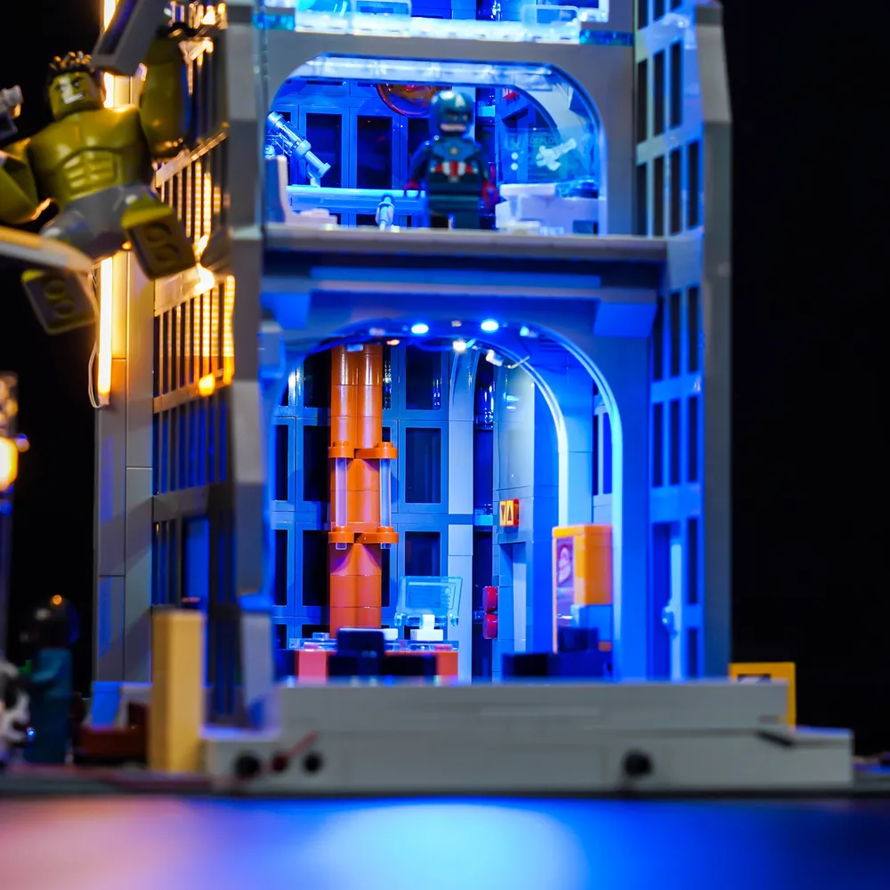 BrickBling modular micro-LEDs illuminating Avengers Tower's facade