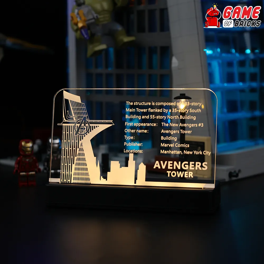 Close-up of Game of Bricks modular expansion board on Avengers Tower nameplate