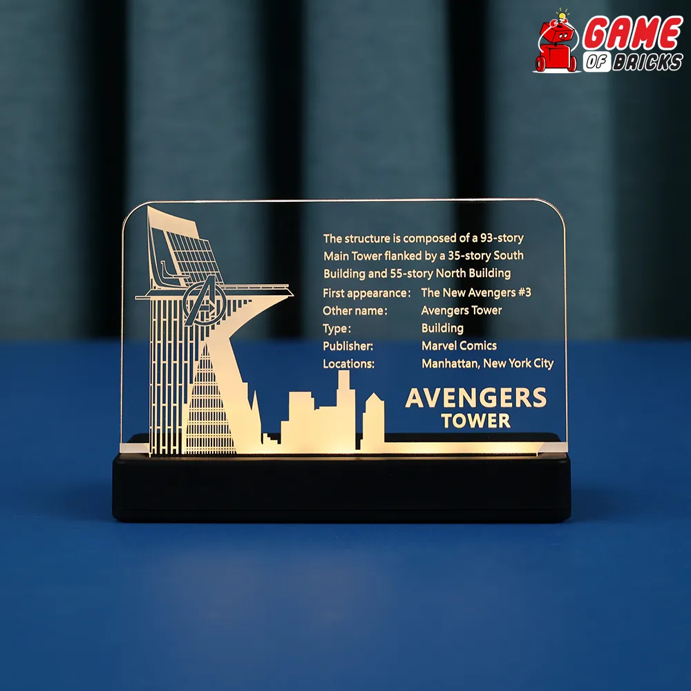Avengers Tower 76269 nameplate illuminated with Game of Bricks kit