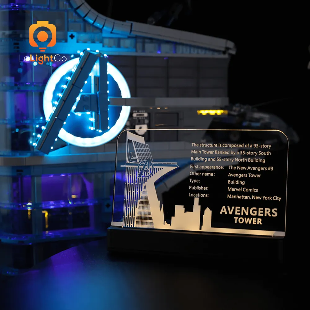 Avengers Tower 76269 nameplate glowing with LeLightGo budget kit