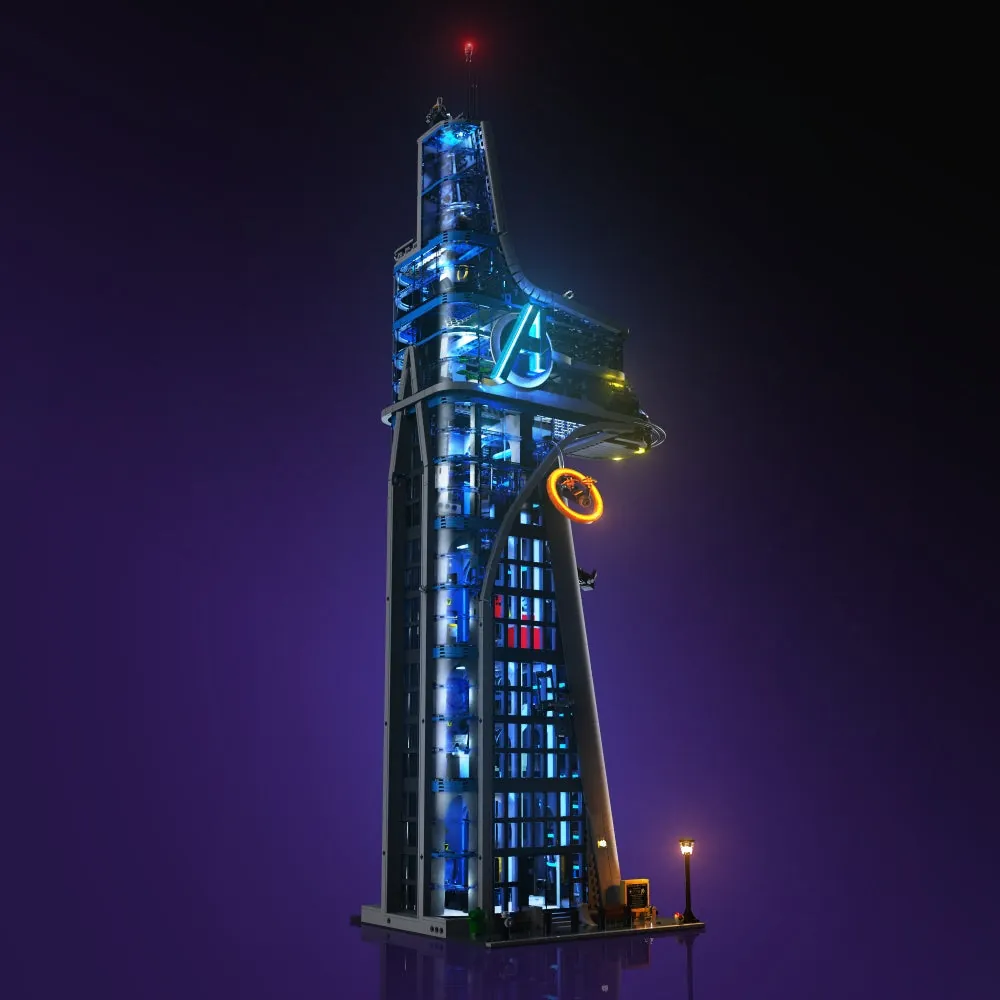 LightMyBricks premium LED kit for LEGO Avengers Tower 76269 with comprehensive tower lighting