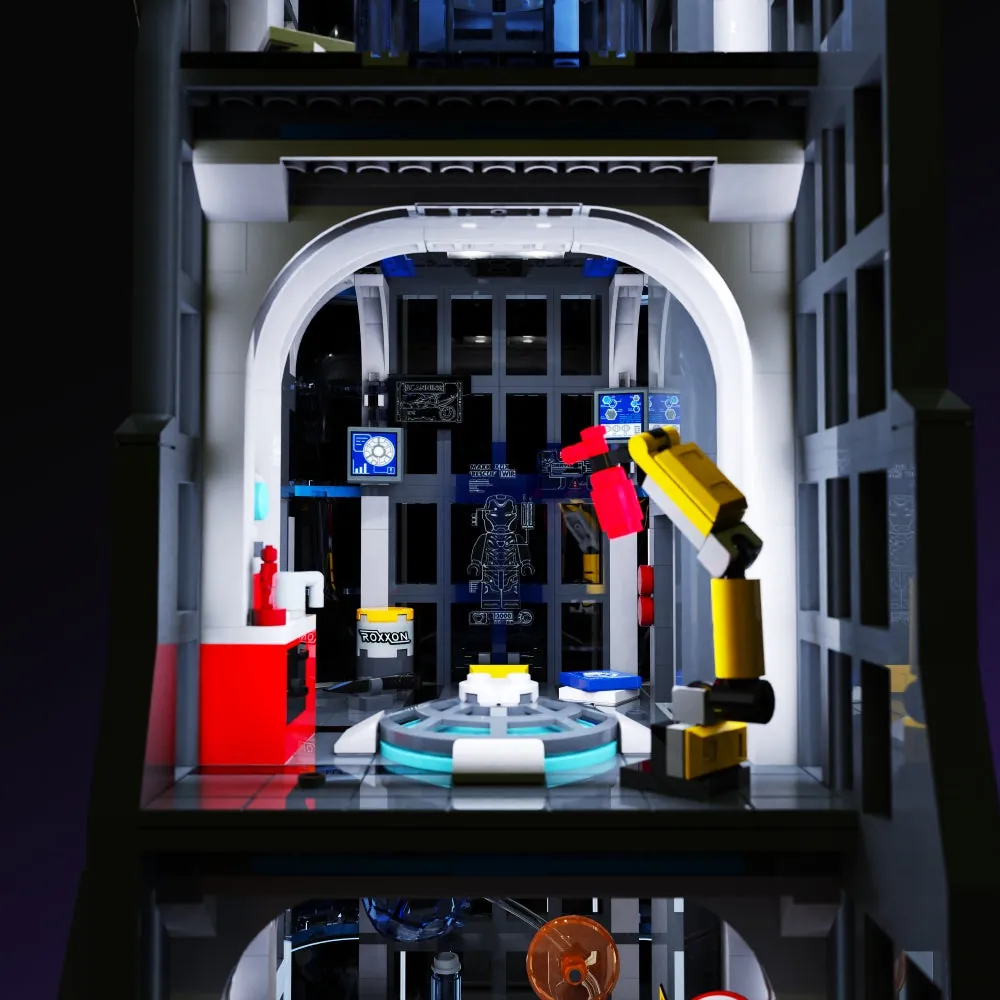 Detailed view of LightMyBricks modular micro-LEDs on Avengers Tower windows