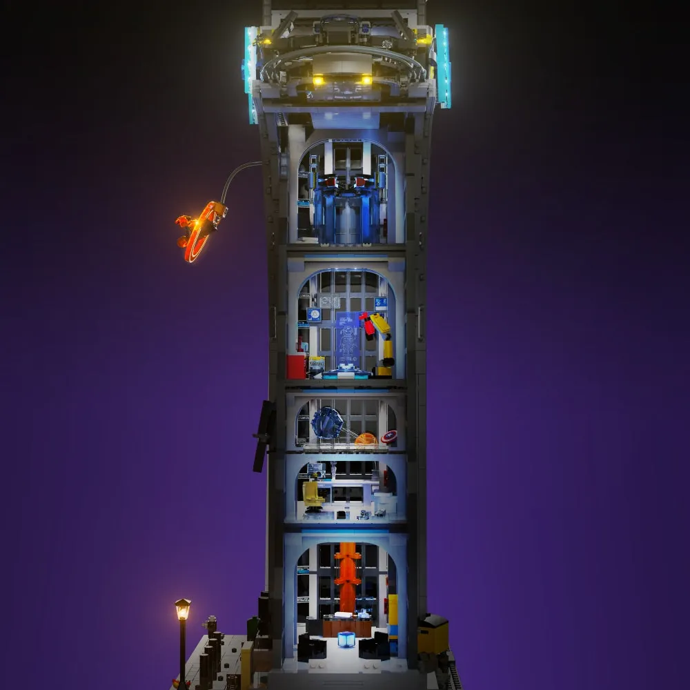 Avengers Tower 76269 fully lit with LightMyBricks premium light kit