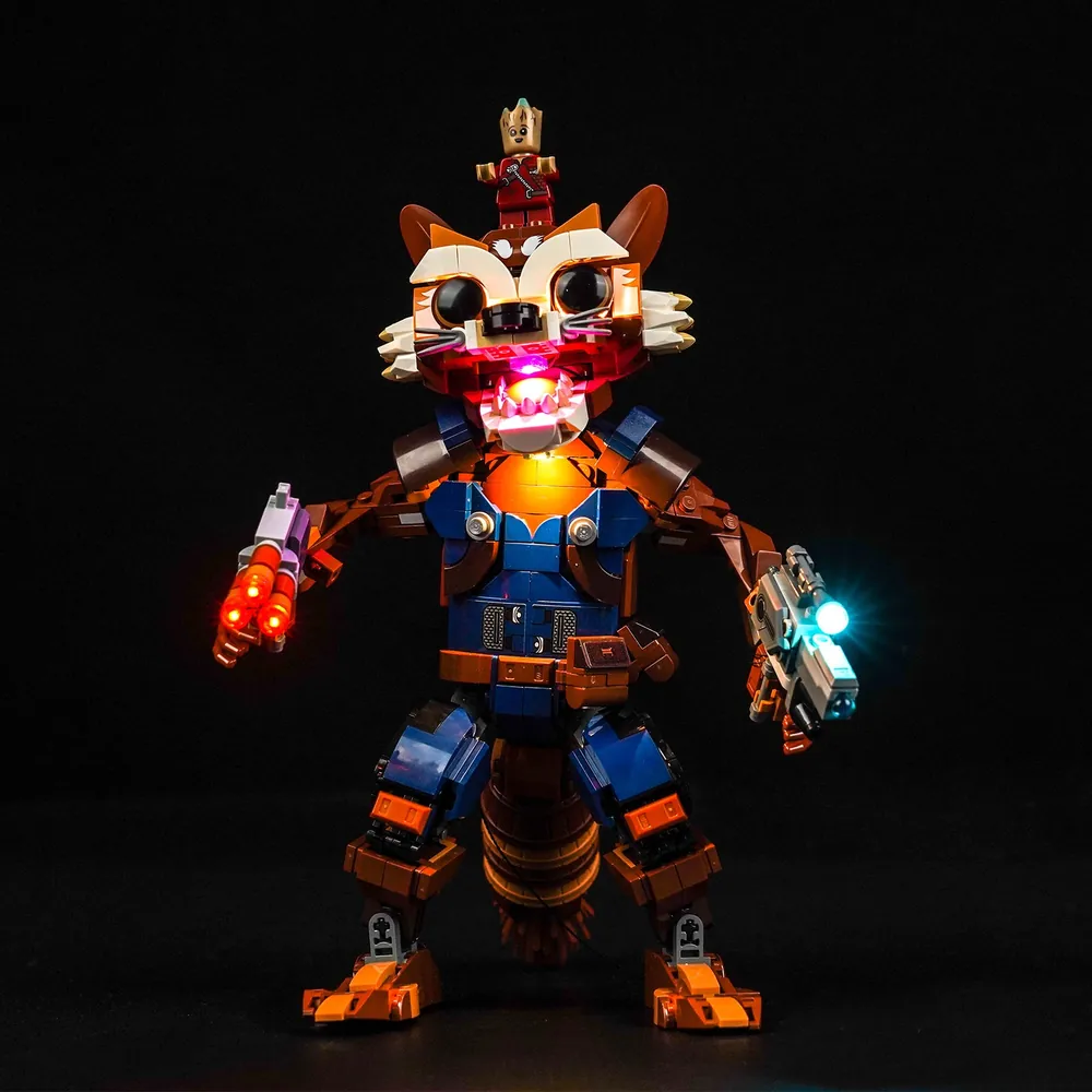 LEGO Rocket and Baby Groot 76282 with BrickBling LED kit illuminating the control panels and Groot's face