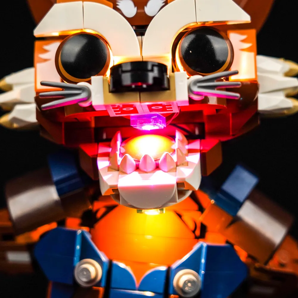 Close-up of modular micro-LED wiring on LEGO Rocket & Baby Groot set