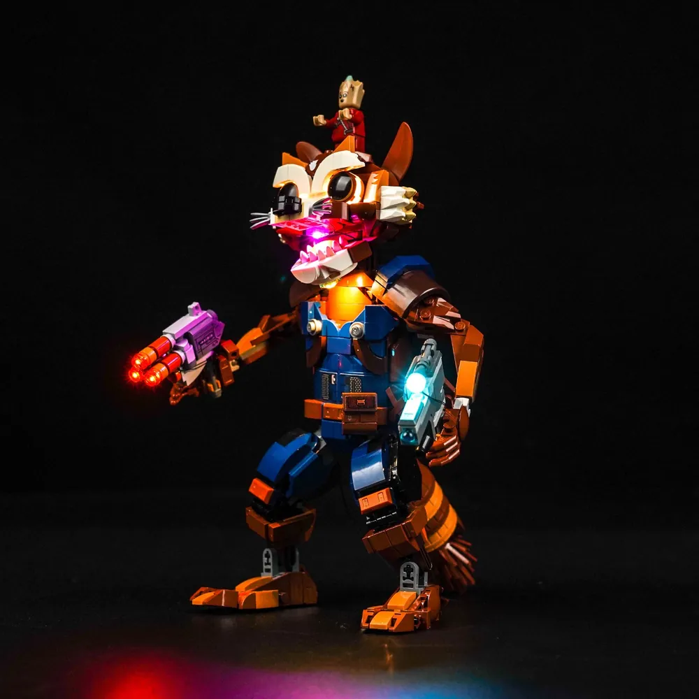 LEGO Rocket and Baby Groot with LED lights on base and space backdrop