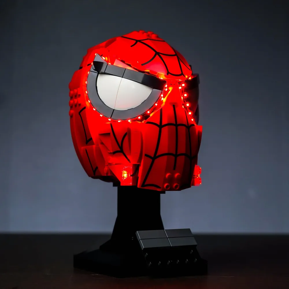 BrickBling light kit in action on the LEGO Spider-Man's Mask display
