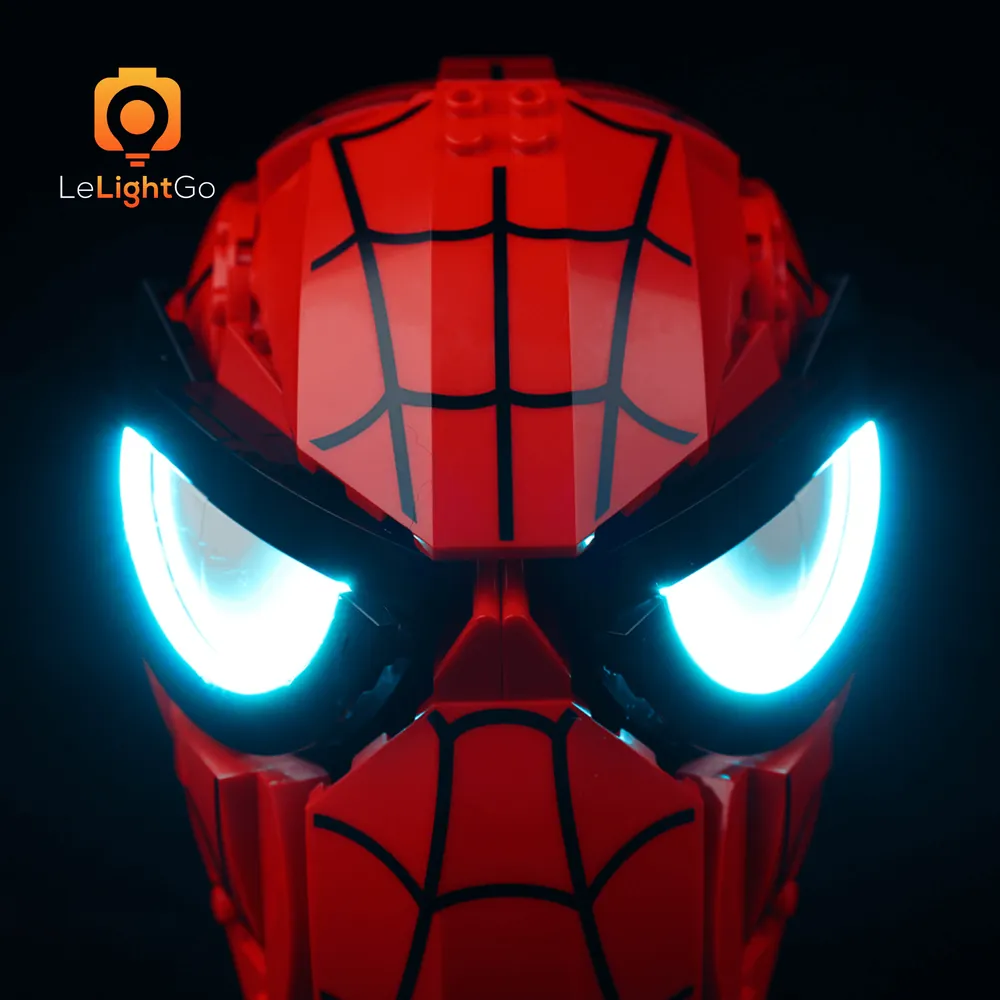 LeLightGo modular micro-LED modules placed on the LEGO Spider-Man mask