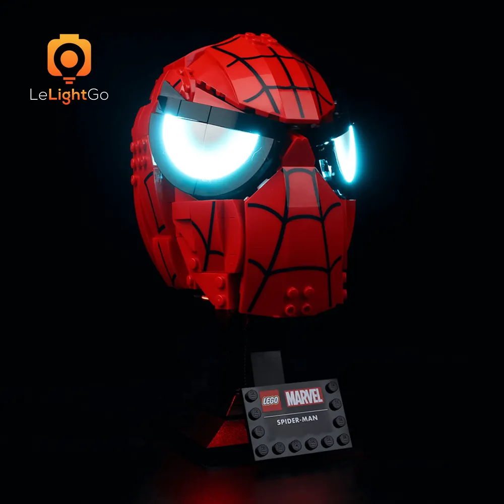 LeLightGo lighting showcasing the LEGO Spider-Man's Mask in a dark room