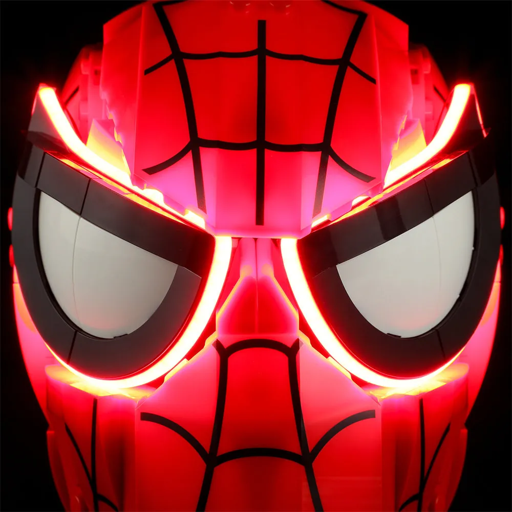 Close-up of Lightailing pre-soldered harness on the LEGO Spider-Man mask set