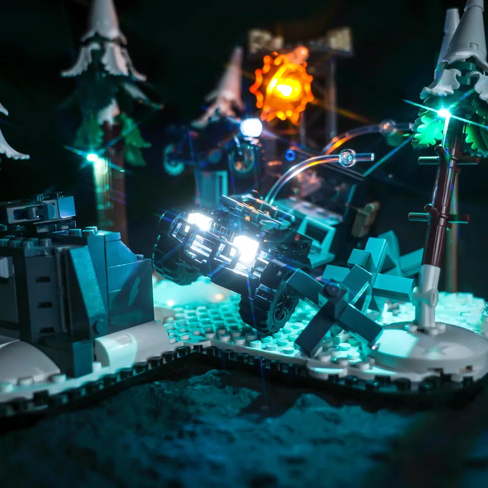 LEGO 76291 with BrickBling base spotlights illuminating the Ultron battle