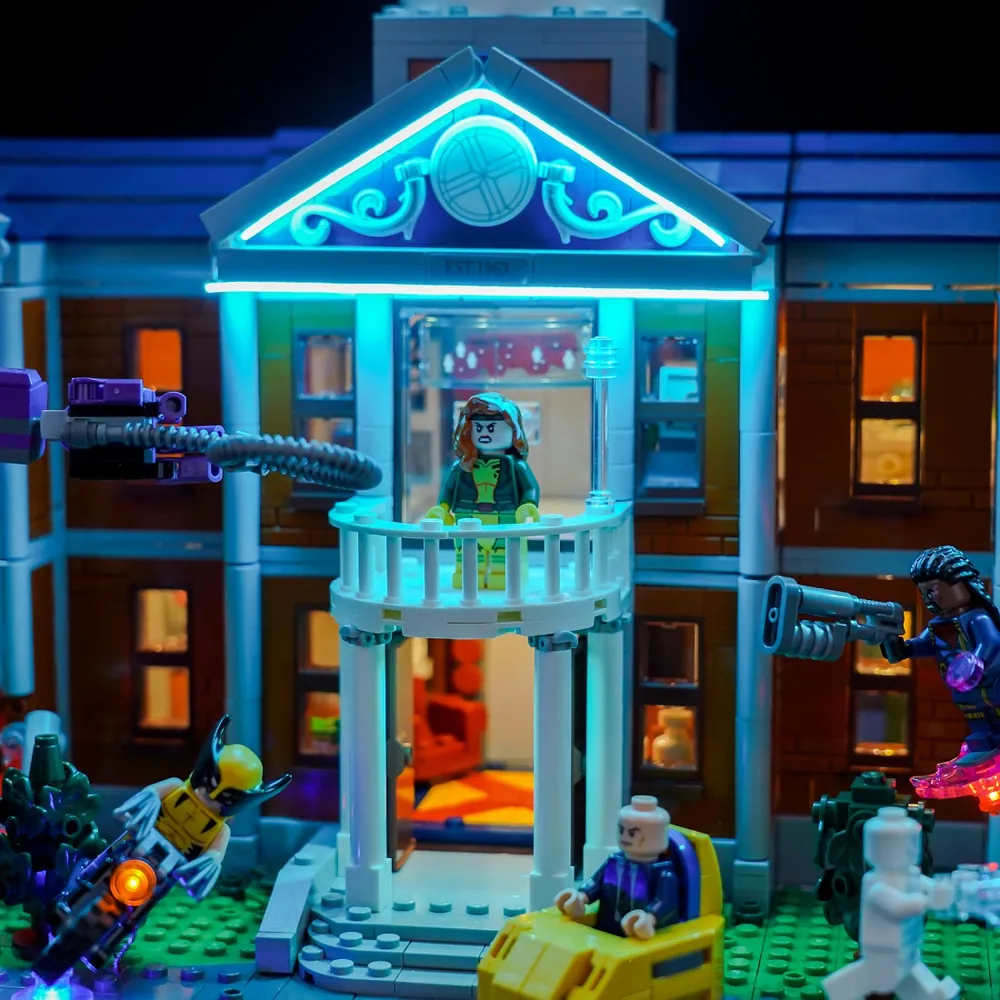 Close-up of BrickBling micro-LEDs illuminating the X-Mansion interior