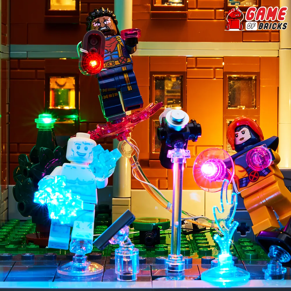 Game of Bricks light kit illuminating the X-Mansion exterior