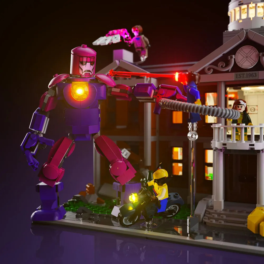 LightMyBricks light kit illuminating the X-Mansion facade and interior