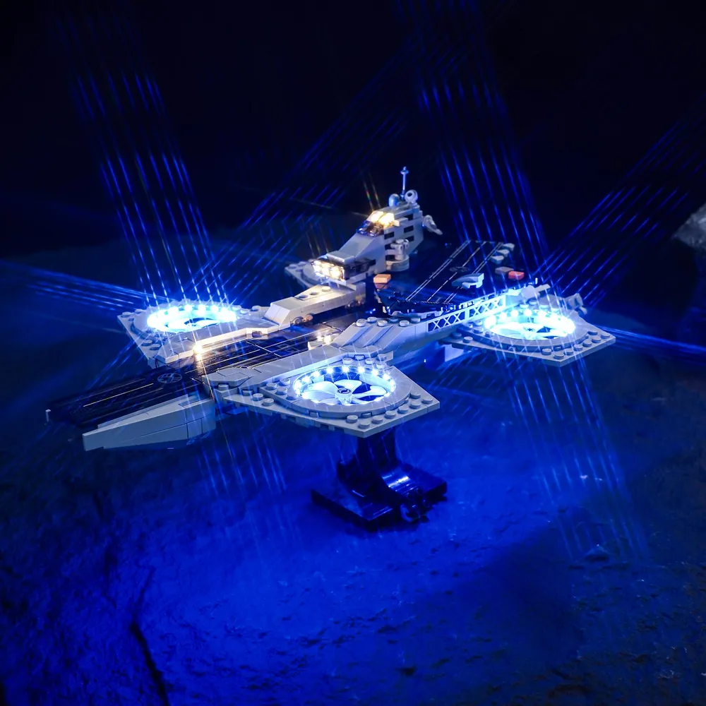 BrickBling LED kit for LEGO Avengers Helicarrier 76295 with micro LEDs illuminating the deck