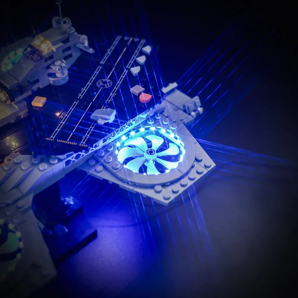 Close-up of modular micro-LED wiring on the LEGO Helicarrier set