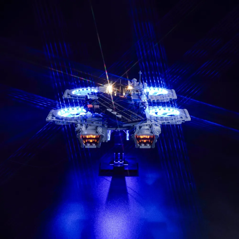LEGO Helicarrier 76295 with BrickBling LED accents in a dark display