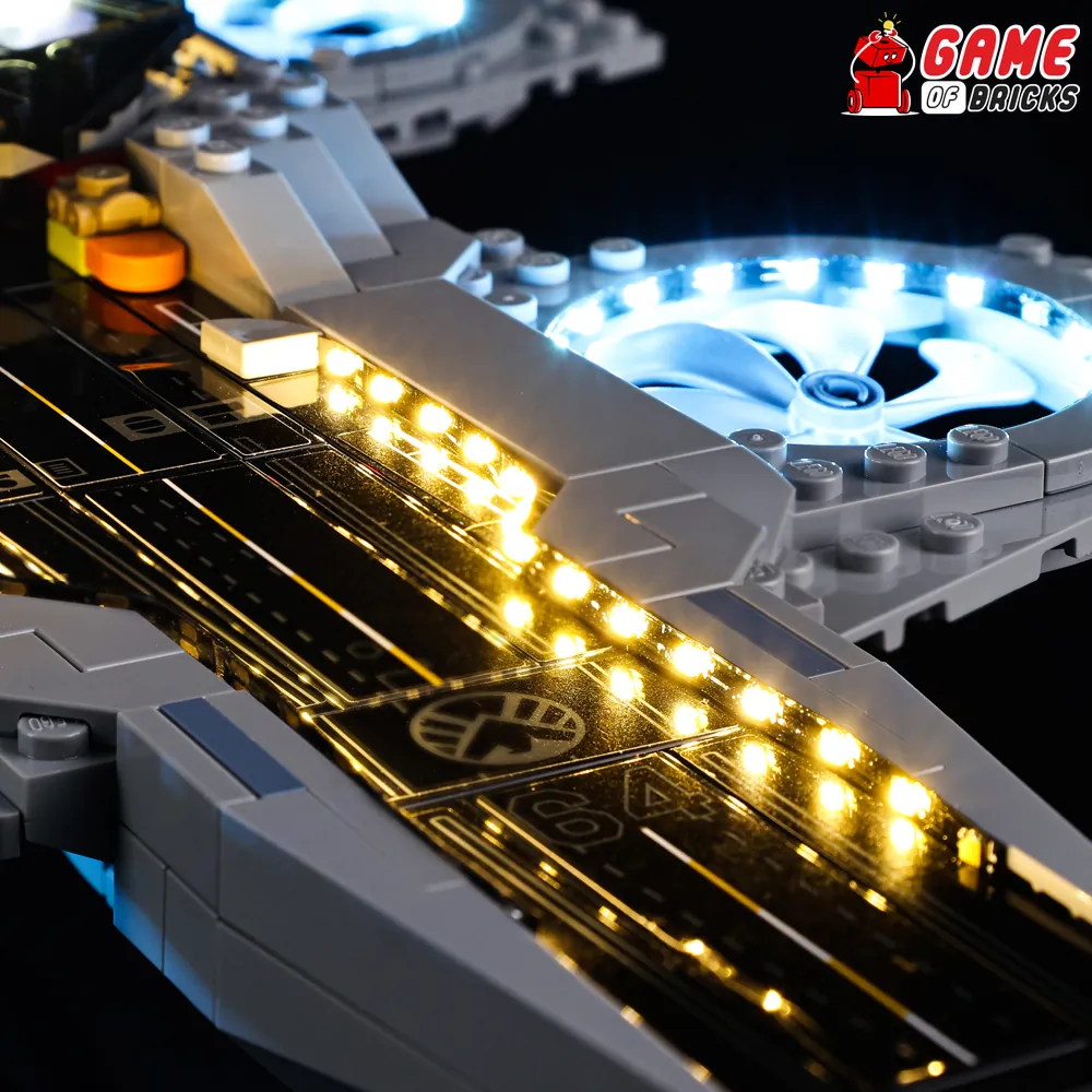 LEGO Avengers Helicarrier with Game of Bricks lights highlighting the hull