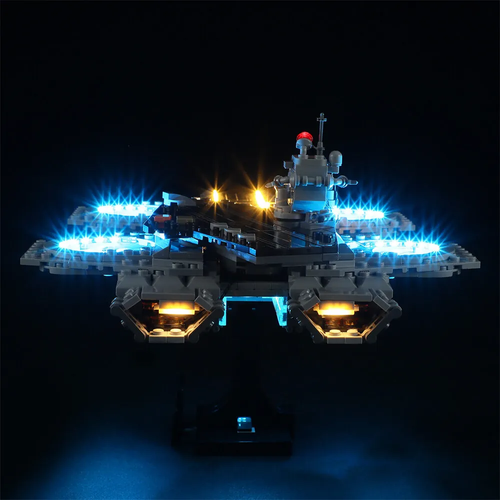 Bright glow from Lightailing kit on LEGO Helicarrier 76295 in a dark room