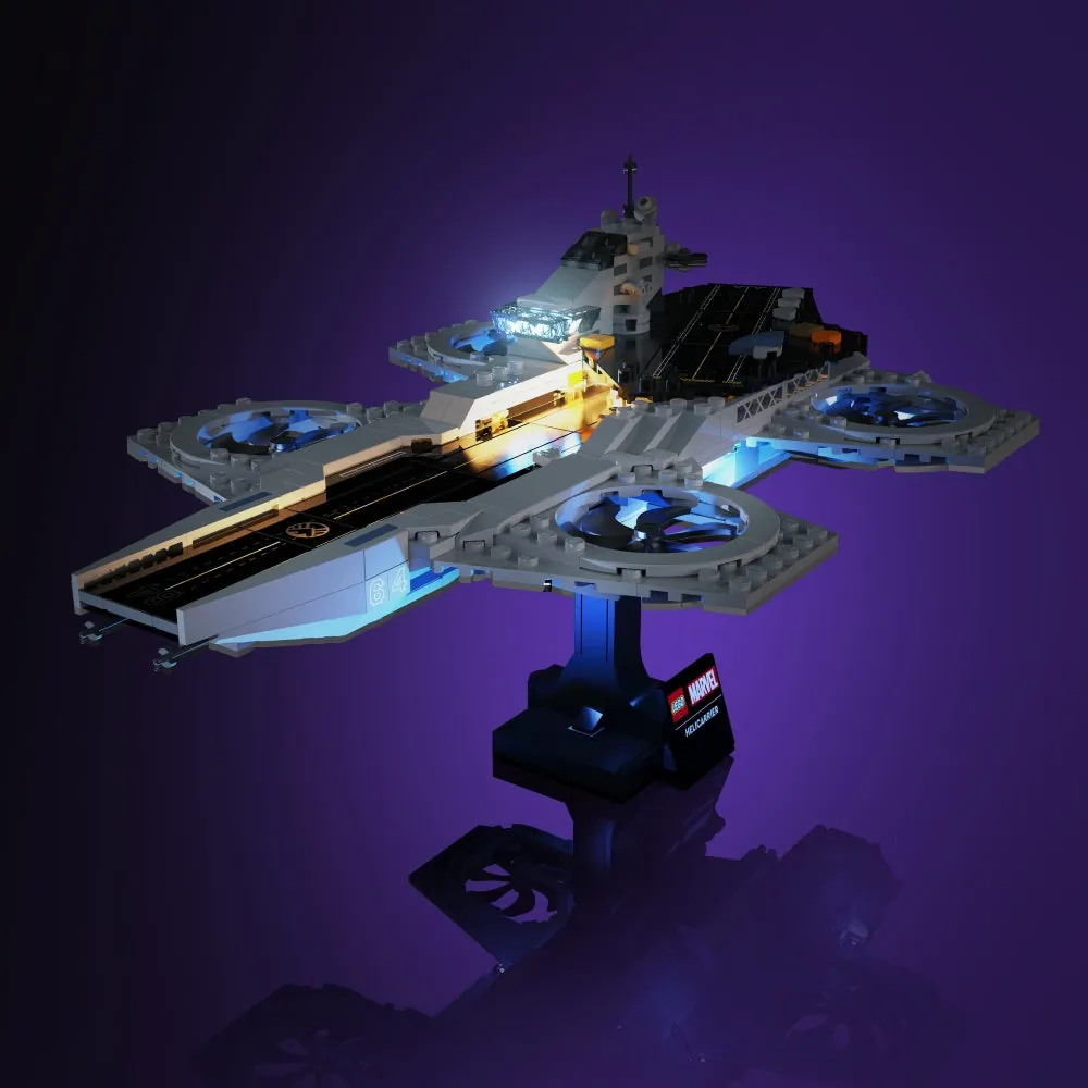 LightMyBricks LED kit lighting up the LEGO Helicarrier 76295 exterior