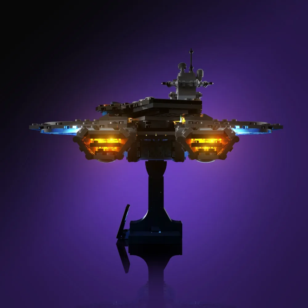 Close-up of LightMyBricks LED installation on LEGO Avengers Helicarrier