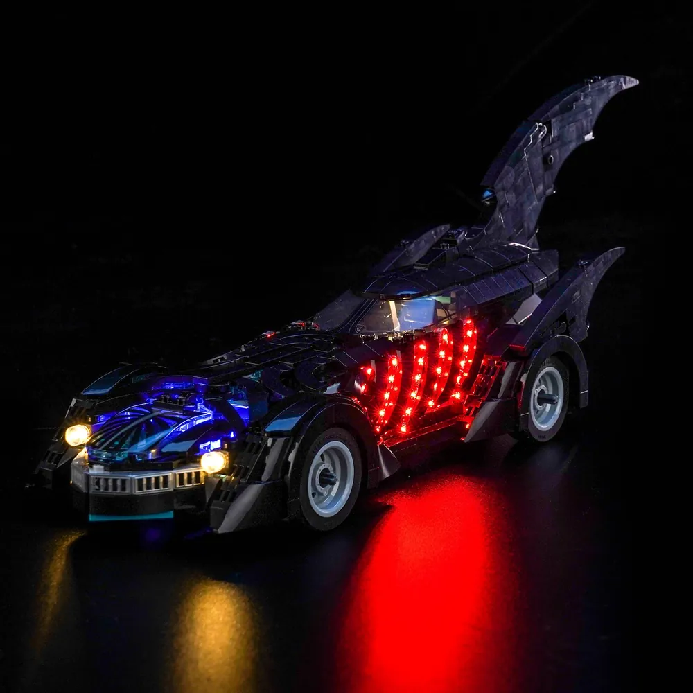 BrickBling light kit for LEGO Batman Forever Batmobile 76304 illuminating the rear fins