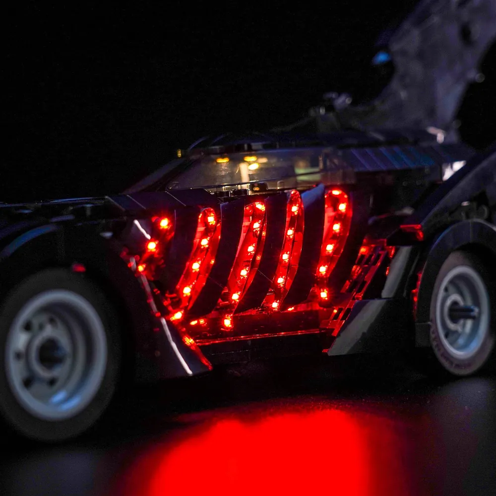 Close-up of BrickBling modular micro-LEDs on LEGO Batman Batmobile set 76304