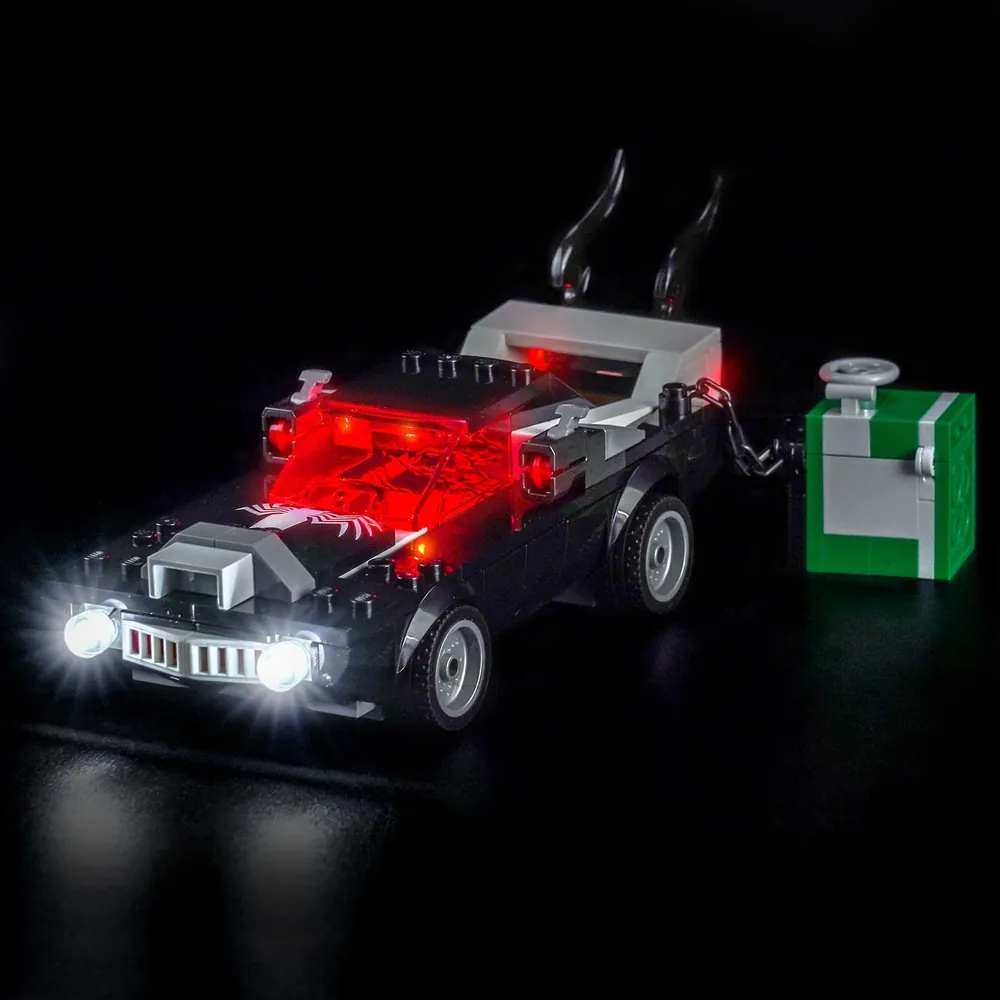 LEGO Spider-Man vs. Venom Muscle Car with BrickBling LED lights highlighting the front grille