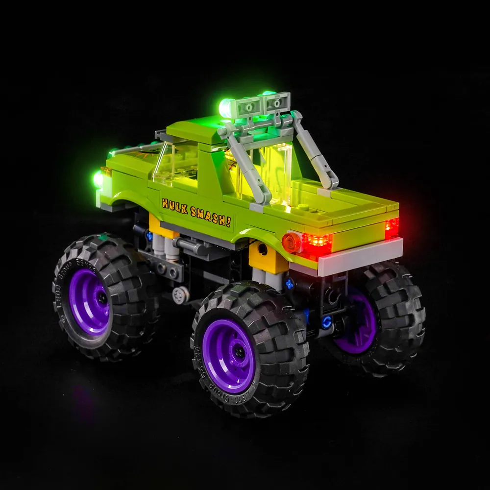 BrickBling light kit for LEGO 76312 The Hulk Truck vs. Thanos illuminating the truck's lime accents