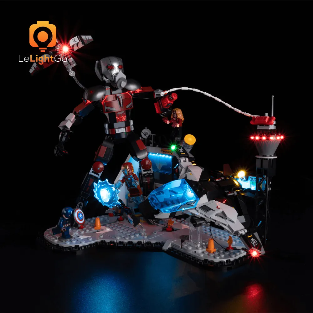 LeLightGo LED kit for LEGO 76314 with micro-LEDs highlighting Giant-Man and Quinjet