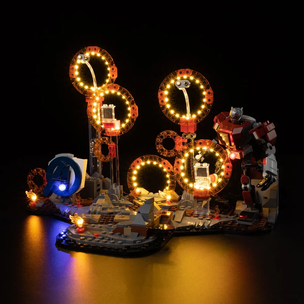 LEGO 76323 with Game of Bricks LED kit illuminating the portal gates and heroes