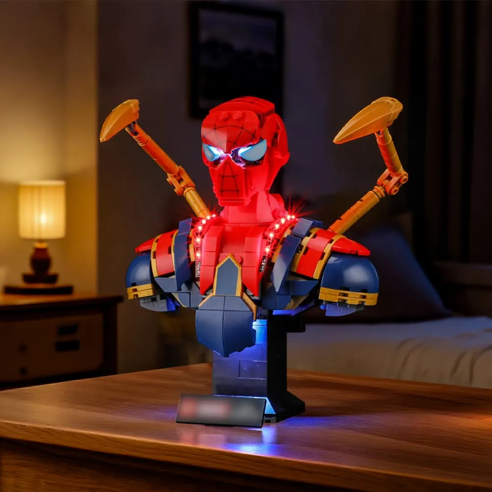 LEGO Iron Spider-Man Bust 76326 with Briksmax light kit highlighting gold arms