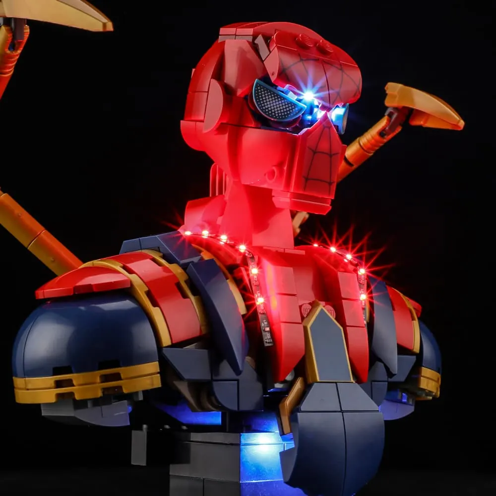 Close-up of pre-soldered harness on LEGO Iron Spider bust lighting