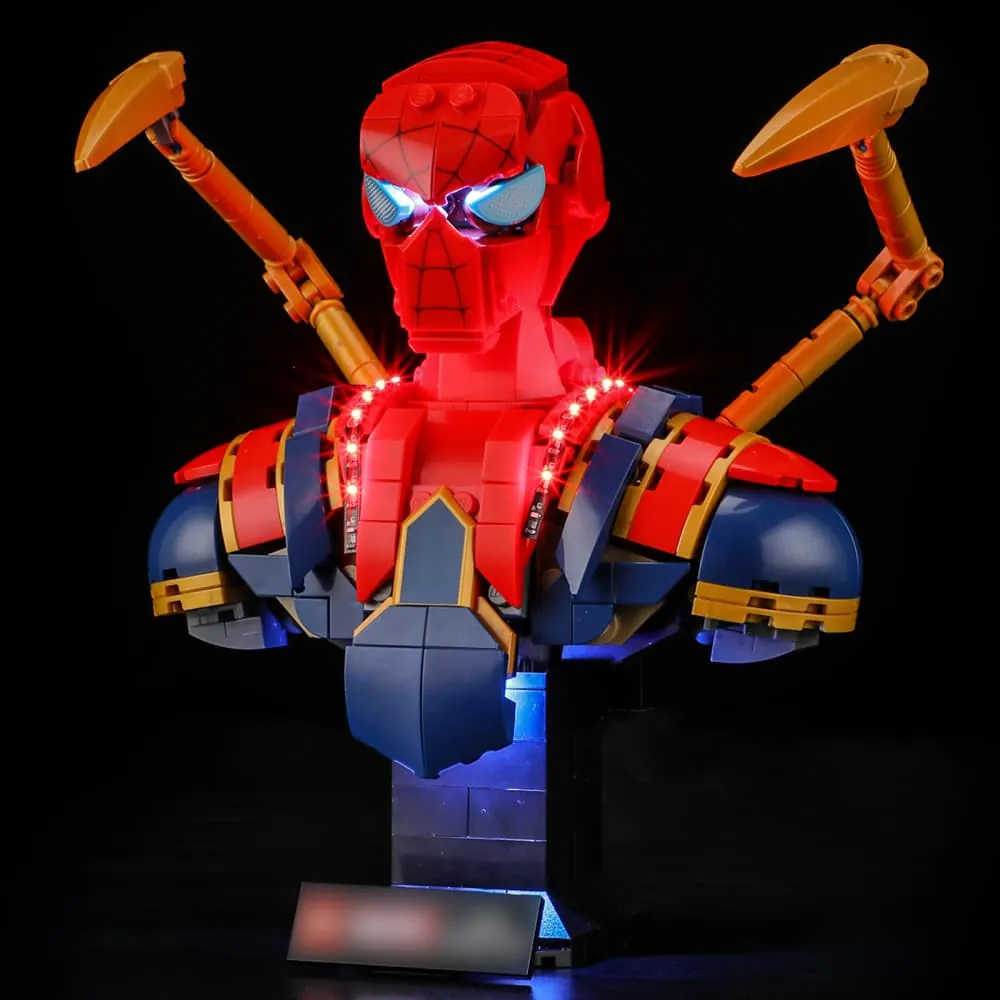 LEGO Iron Spider-Man Bust 76326 lit in dark room with red and gold LEDs