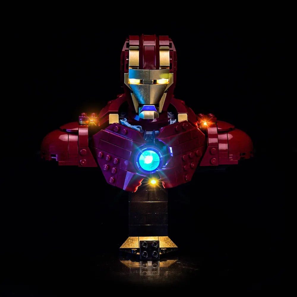 BrickBling LED kit for LEGO Iron Man MK4 Bust illuminating the arc reactor