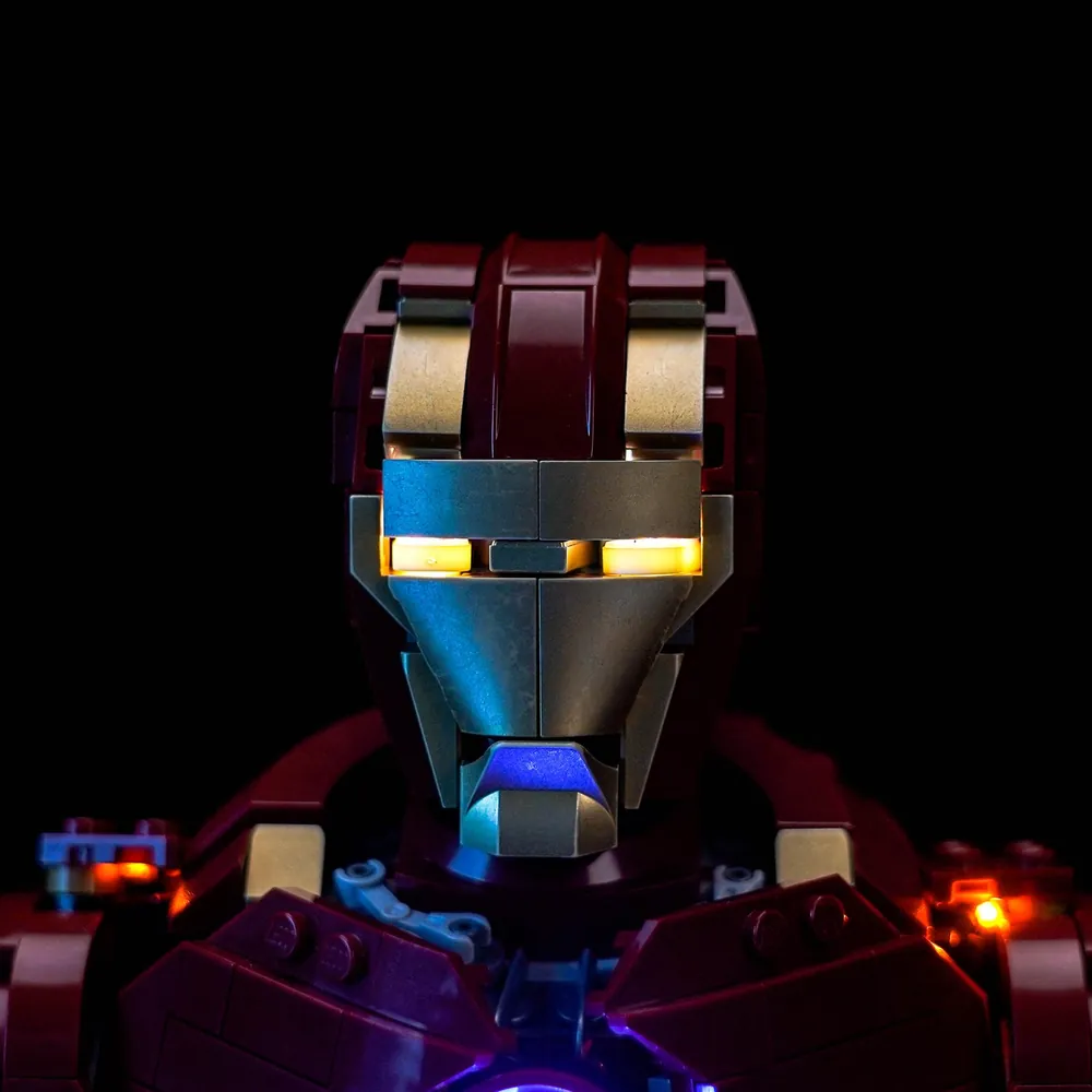 Close-up of BrickBling micro-LED wiring detail on the Iron Man MK4 Bust