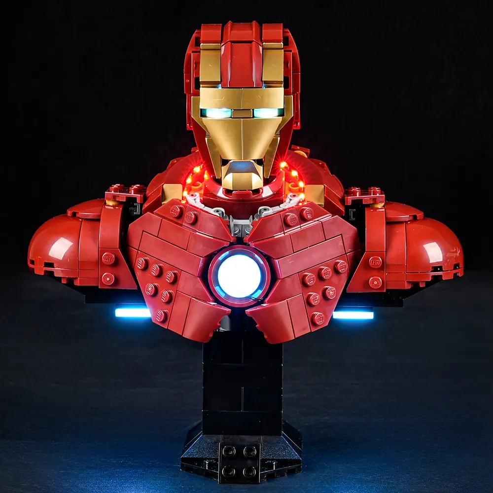 Lightailing LED kit installed on LEGO Iron Man MK4 Bust with pre-soldered harness