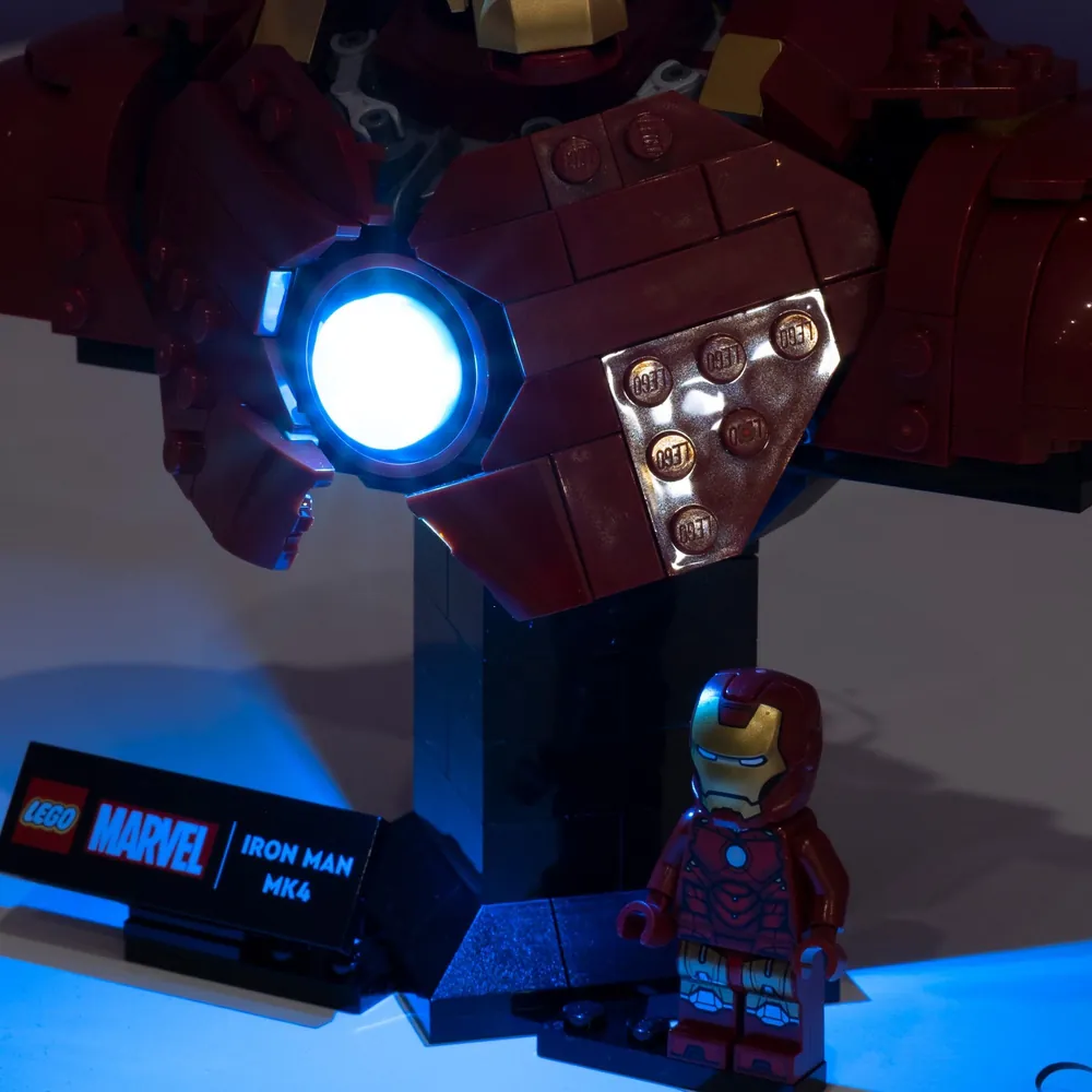 LightMyBricks kit components laid out for Iron Man MK4 Bust