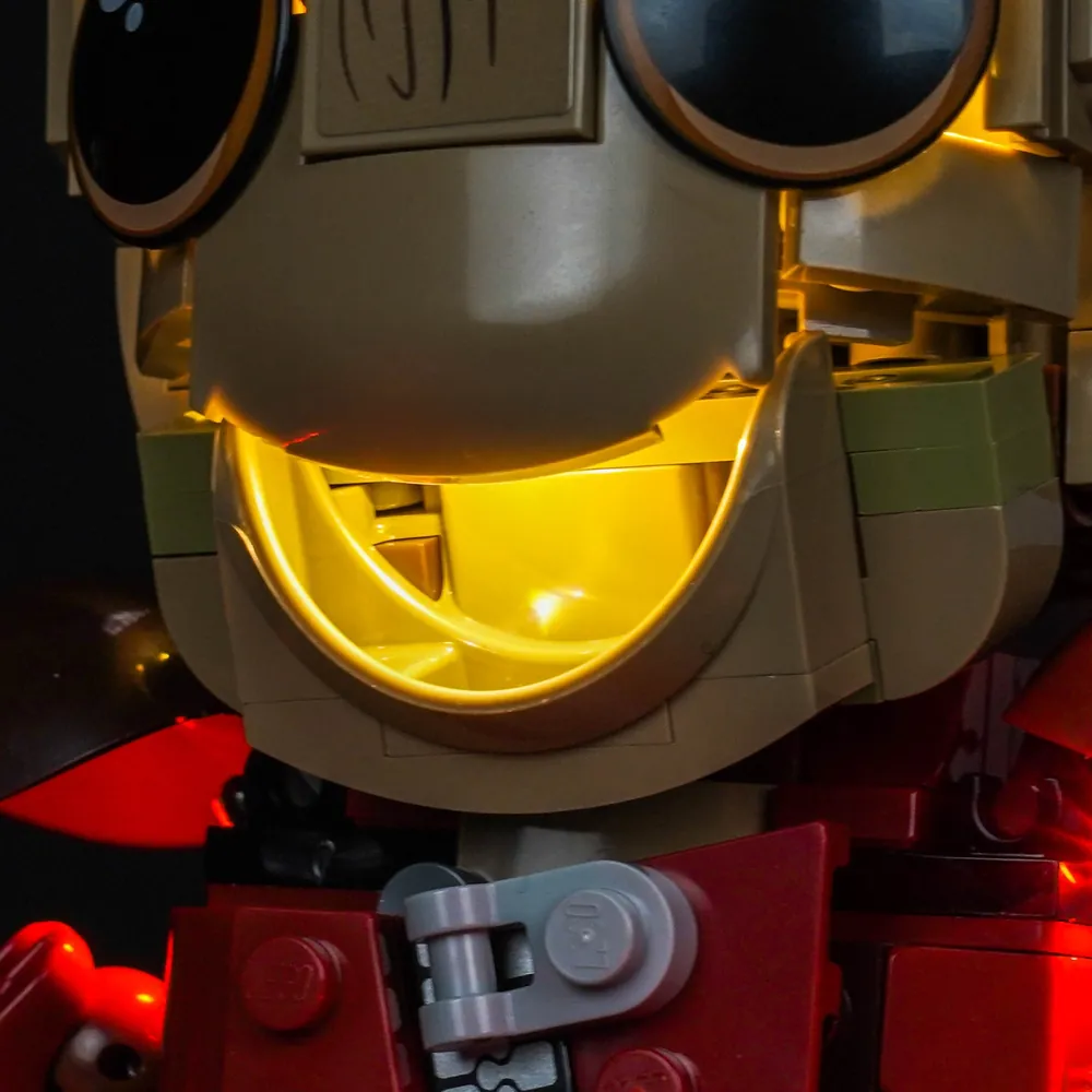 Close-up of modular micro-LED wiring on LEGO Groot 76341