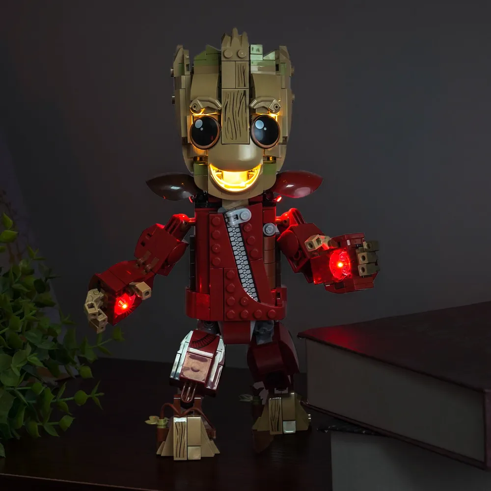 Display effect of LEGO Ravager Jumpsuit Groot 76341 with BrickBling LEDs
