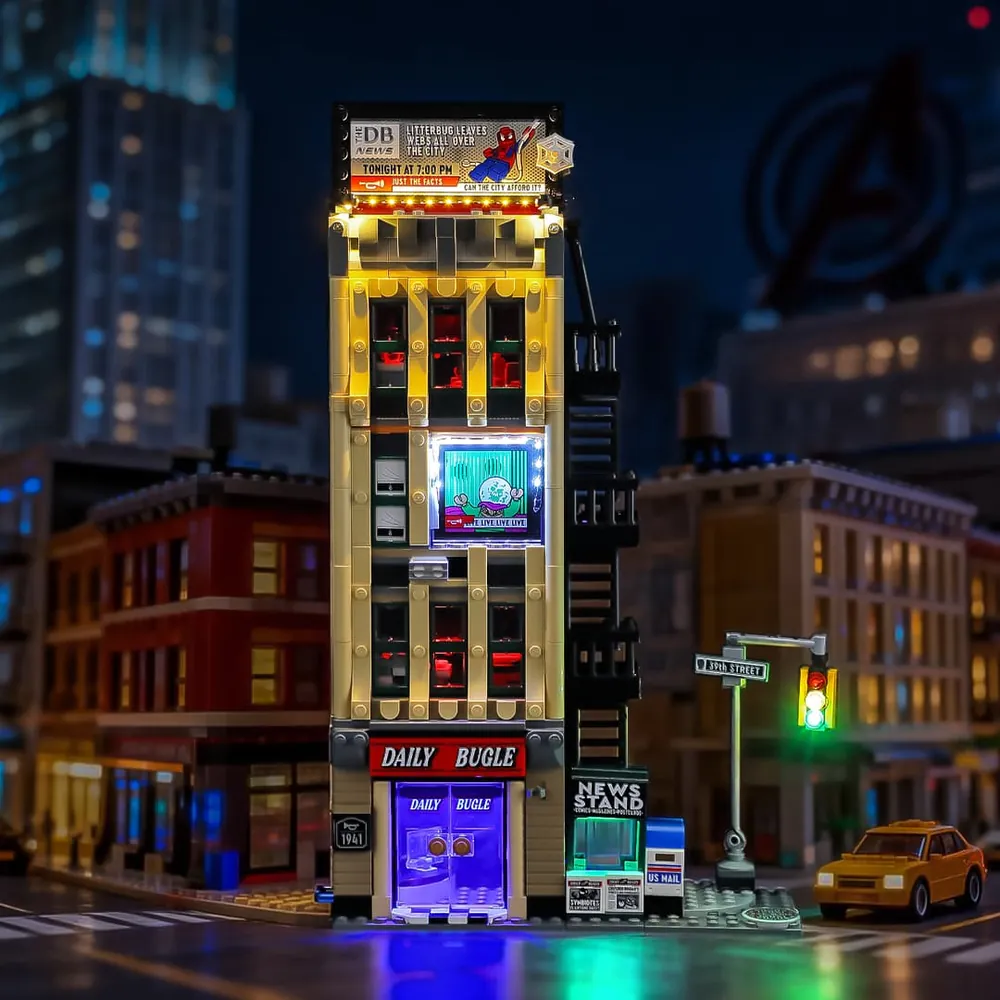 Lightailing LED kit lighting up the LEGO Daily Bugle building with warm spotlights on Spider-Man and Mysterio