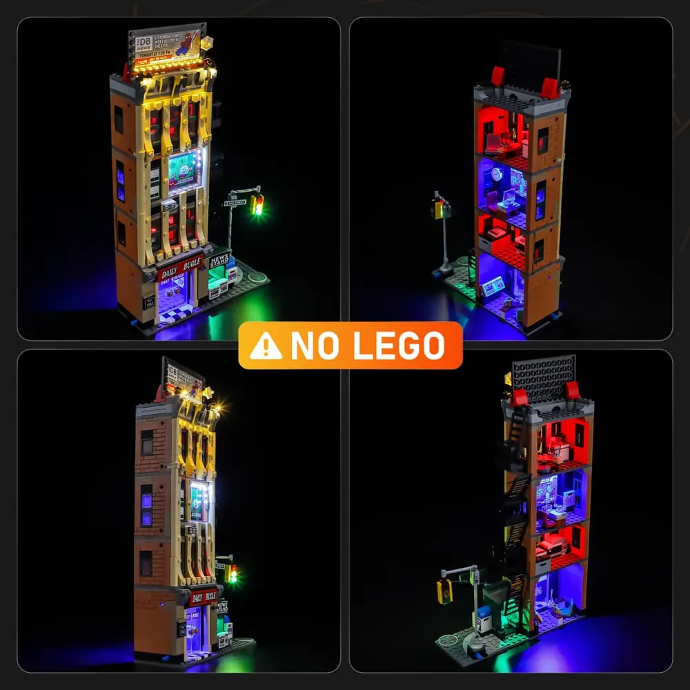 LEGO Daily Bugle display with Lightailing kit enhancing the newsroom interior