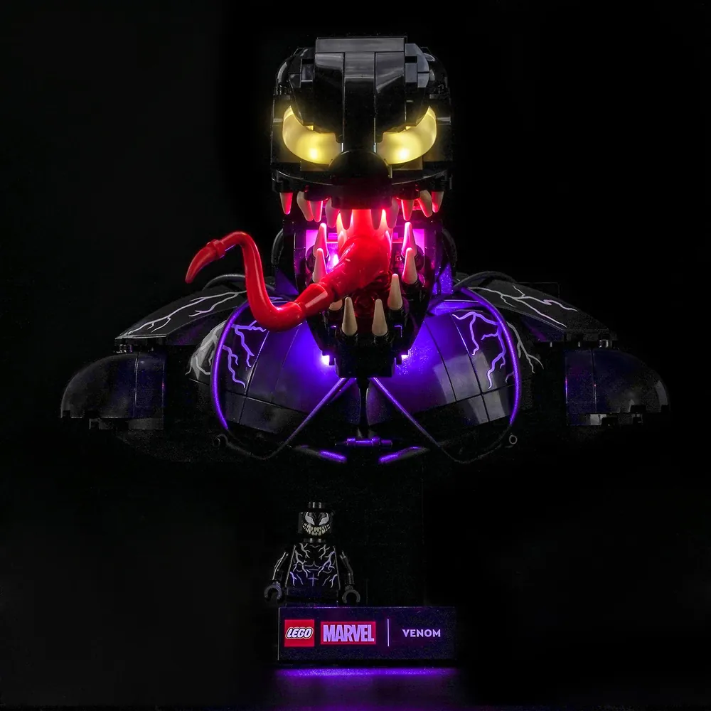 BrickBling LED kit for LEGO Venom Bust 76356 featuring modular micro-wires