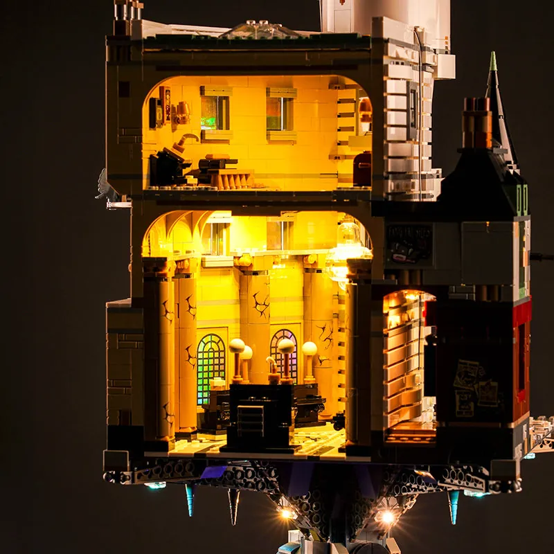 BrickBling light kit illuminating Gringotts bank entrance and dragon, LEGO 76417