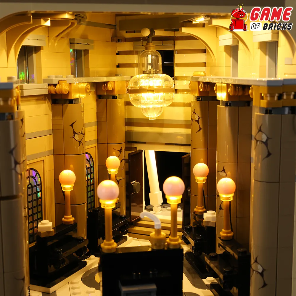 Game of Bricks LED kit illuminating Gringotts bank and vaults, LEGO 76417