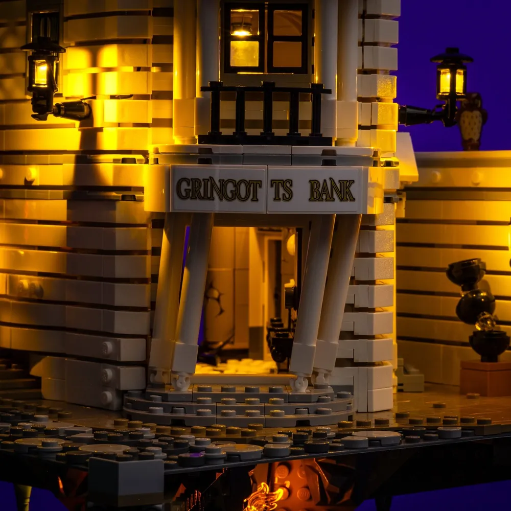 Light My Bricks LED kit illuminating Gringotts bank and dragon, LEGO 76417