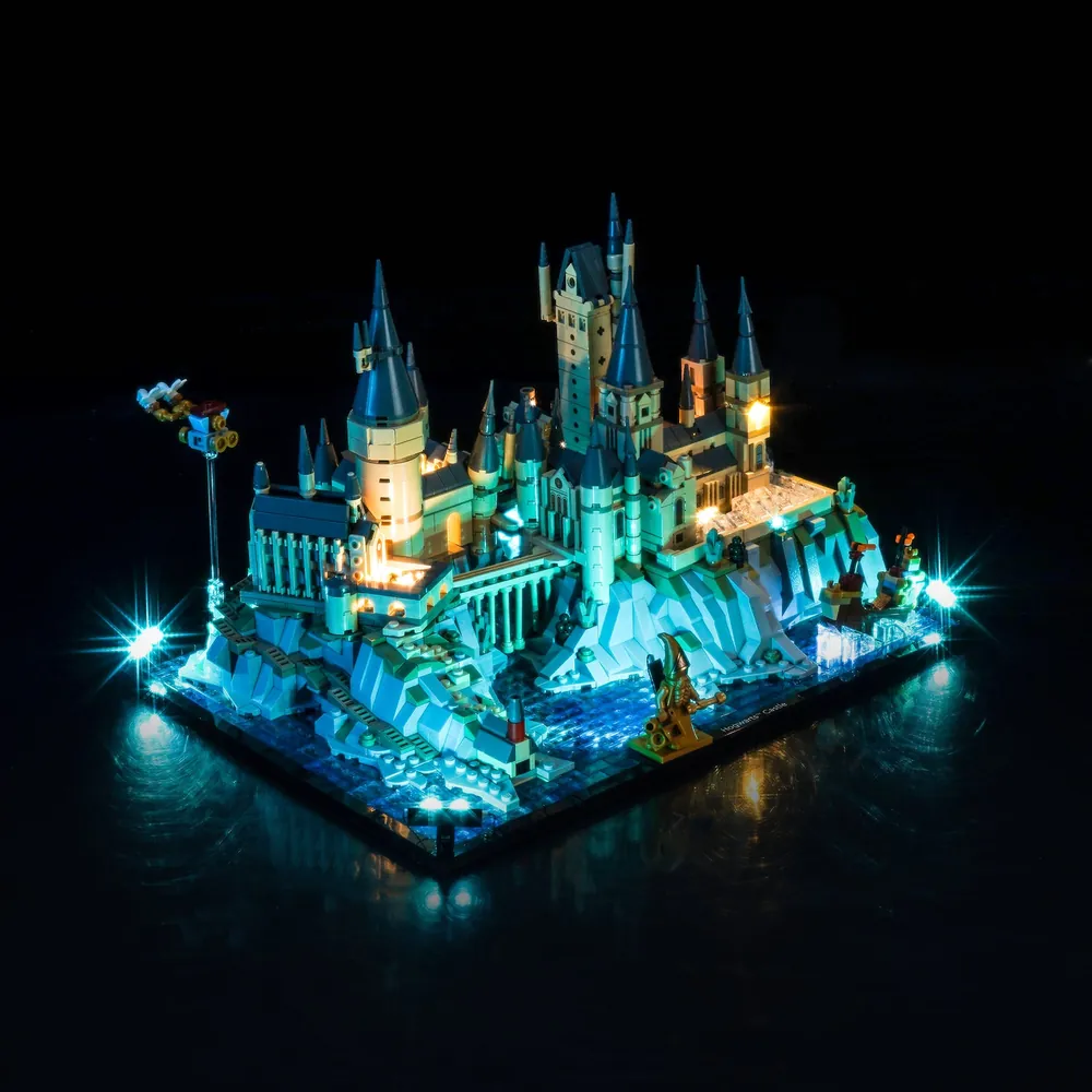 BrickBling modular micro-LED kit for LEGO 76419 lighting the castle's exterior and greenhouse
