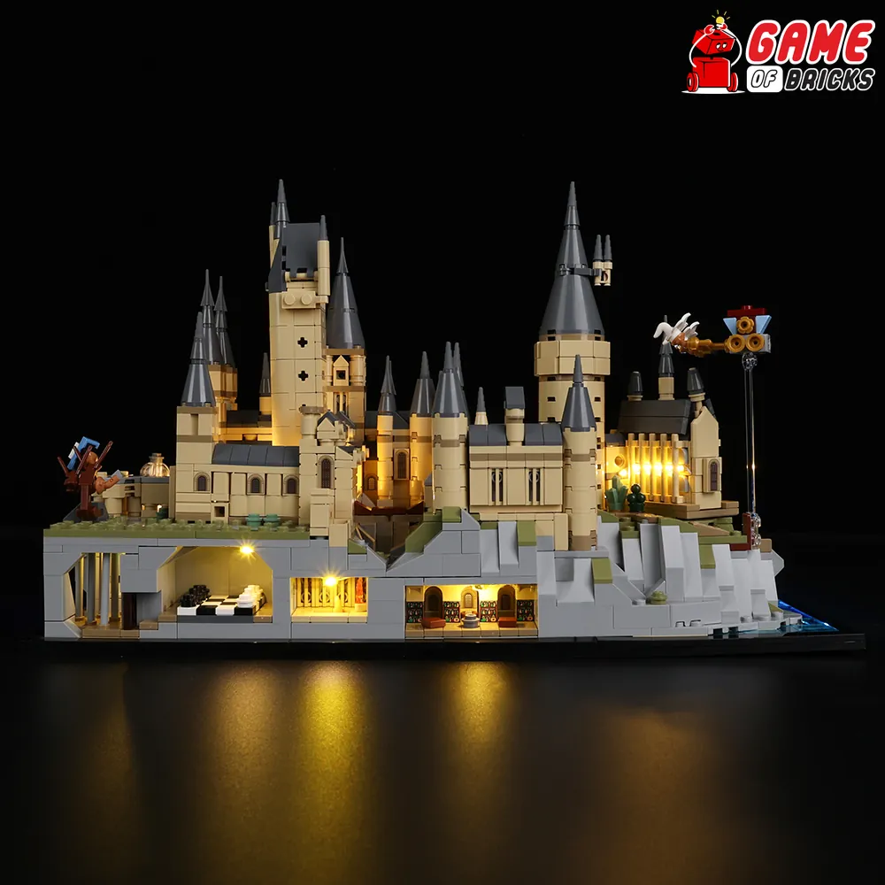 Game of Bricks modular LED kit on LEGO 76419 illuminating the rocky base and Chamber of Secrets