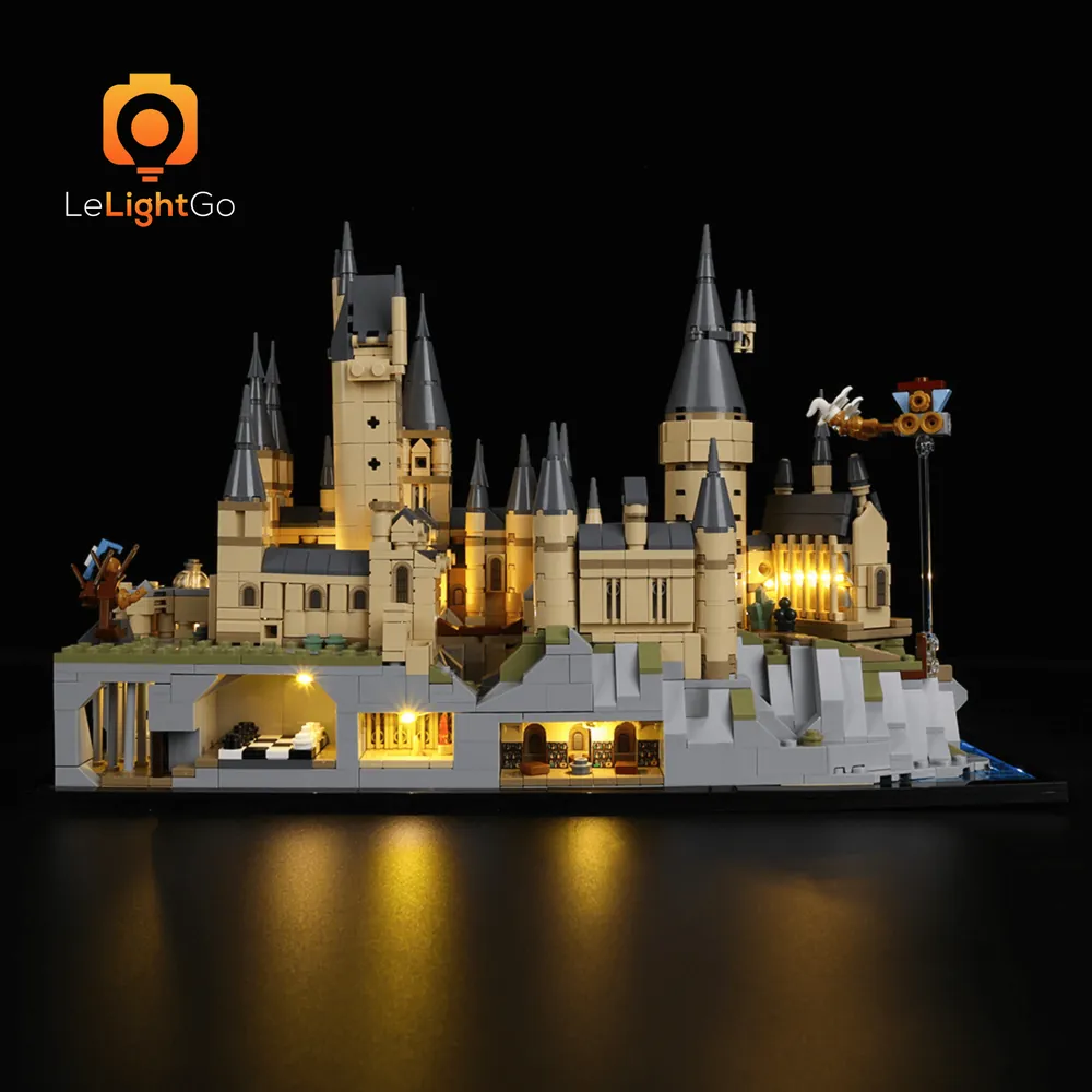 LeLightGo micro-LED kit on LEGO 76419 illuminating the Great Hall and surrounding grounds